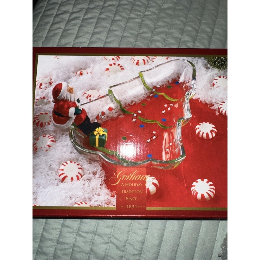 NIB‎ Gorham Winter Follies Tree Candy Dish w Santa Christmas 8'' Crystal Glass